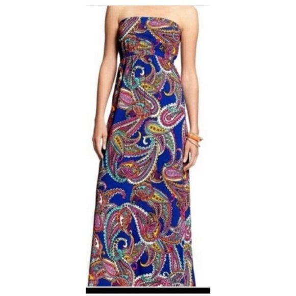 Banana Republic Maxi Dress Paisley Strapless Blue Multicolor Paisley Size 2 - Picture 1 of 9